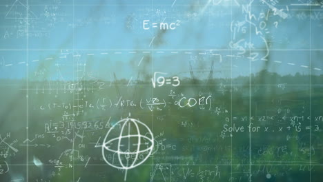 mathematical equations and formulas animation over nature background