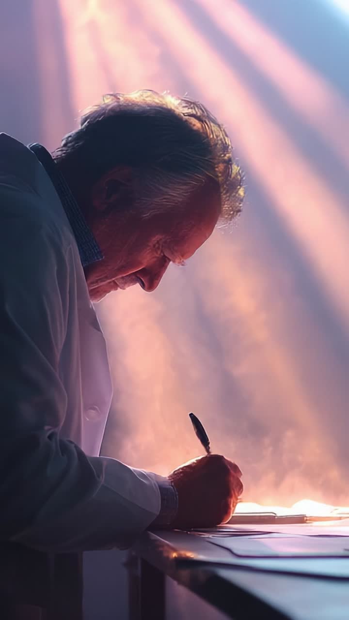 A thoughtful scientist capturing insights in a moment of inspiration, illuminated by ethereal light beams that enhance the creative atmosphere of discovery