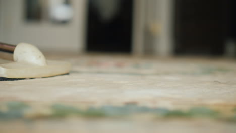 mujer aspirando una alfombra en un video de una casa con poca profundidad de campo
