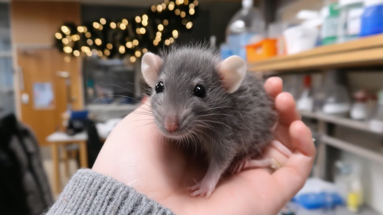 Adorabile topolino grigio dalle orecchie particolari, delicatamente tenuto in mano su uno sfondo sfocato di luci natalizie e attrezzature da laboratorio