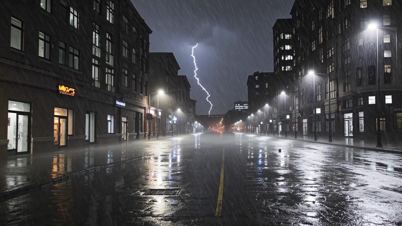 夜の雷雨の中、濡れた街路に落ちる強烈な落雷