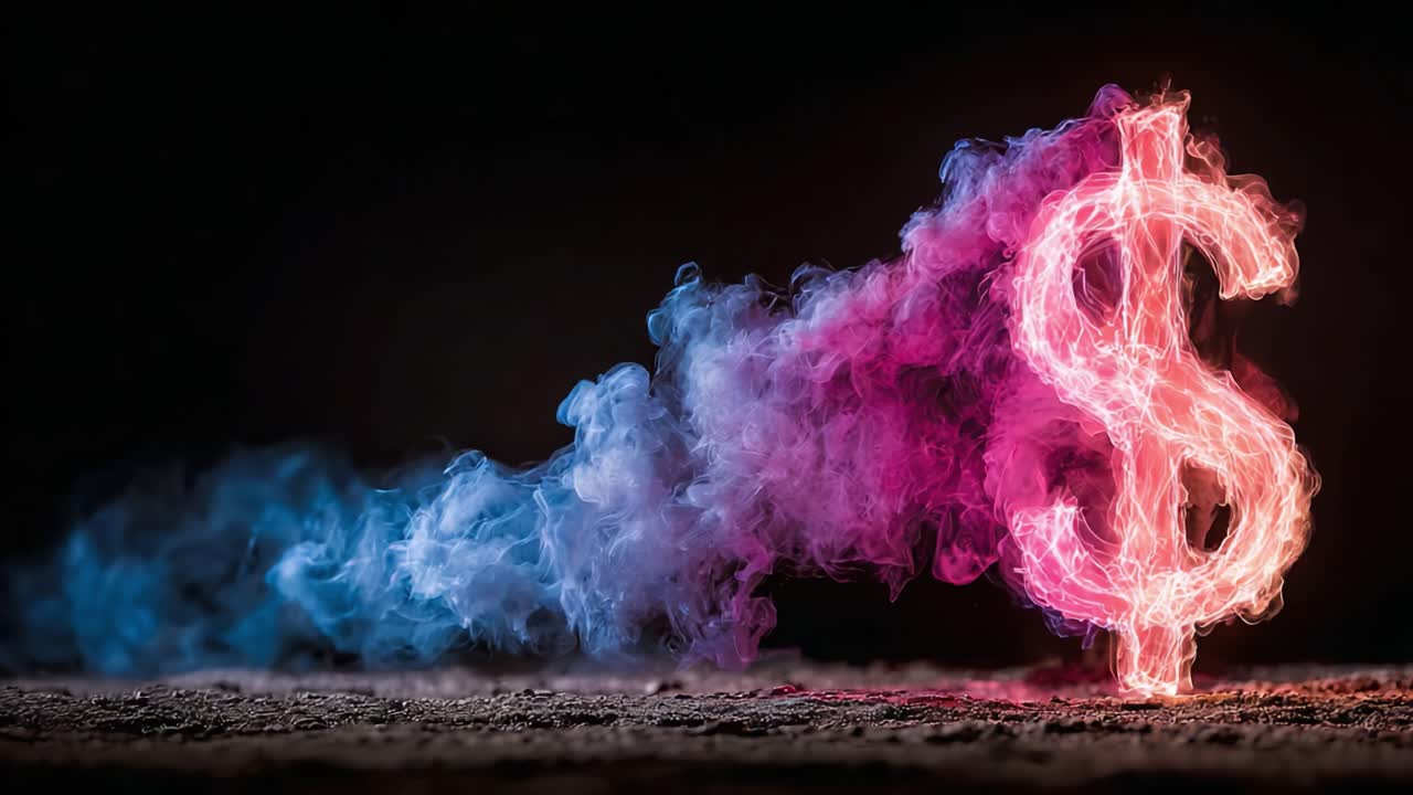 Una vivace rappresentazione di fumo che si trasforma nel simbolo del dollaro, a simboleggiare ricchezza e prosperità con colori straordinari su uno sfondo scuro