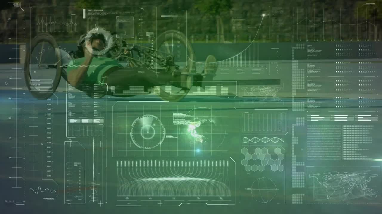 Animation of data processing on digital interface over cyclist on recumbent cycle on sports track
