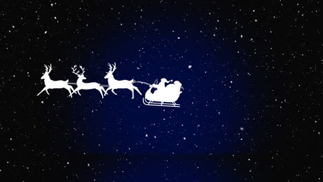 Snow-falling-over-santa-claus-in-sleigh-being-pulled-by-reindeers-against-blue-background