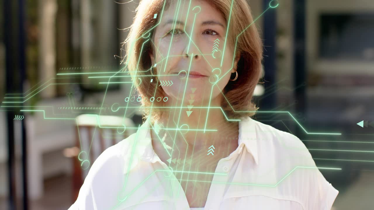 Senior woman seeing HUD appearing, shifting neutral to laughter as green HUD moving in tech demo