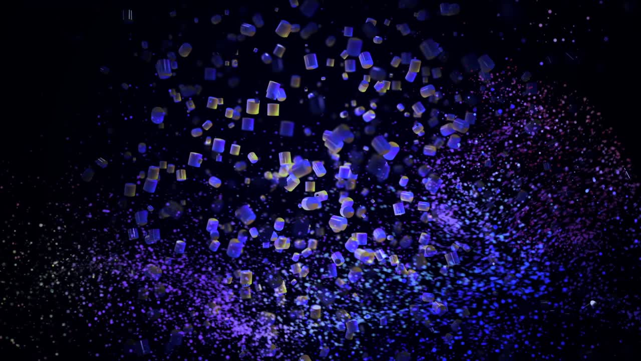 추상적인 보라색 구름이 검은 바탕에 흔들리고, 더 작은 입자들에 둘러싸여 있으며, 원활한 루프, 애니메이션, 작은 구와 움직이는 우주 먼지가 있습니다.