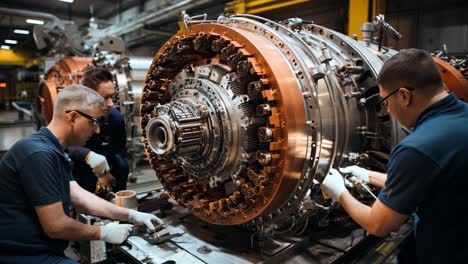 engine technicians maintaining a jet engine in a modern workshop