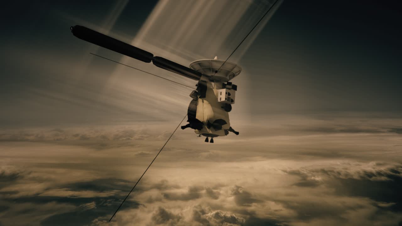 Dramatic 3D CGI animated render of the Cassini spacecraft commencing its death dive and entering the atmosphere of the planet Saturn at great speed, with Saturn's rings visible in the alien sky