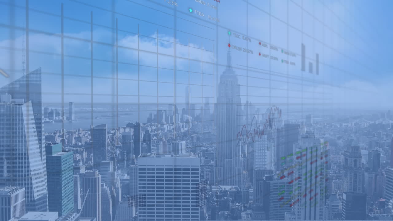 青い背景の都市風景上の統計と金融データ処理のアニメーション