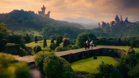 knights on horseback approaching a castle in a fantasy landscape