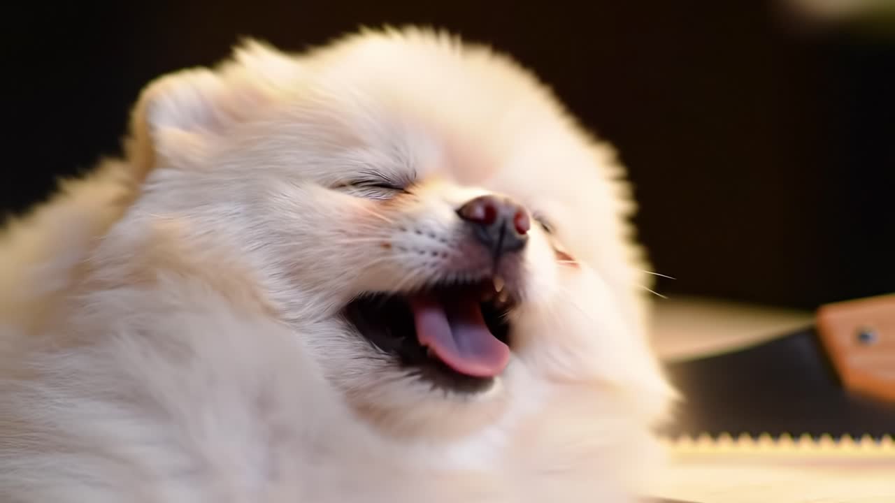 A Charmed Moment: Capturing the Serene Expression of a Sleepy Fluffy Dog Enjoying Its Cozy Surroundings and Relaxed Atmosphere
