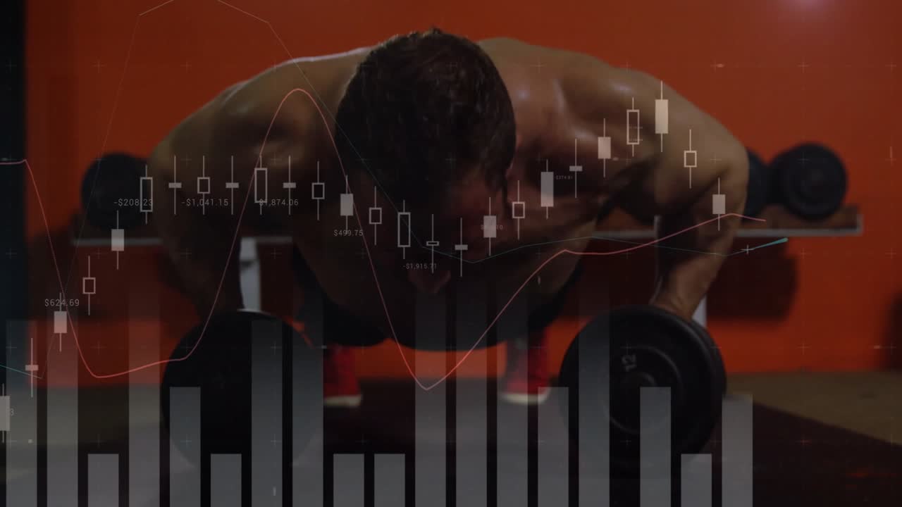 Fitness enthusiast entering gym performing push-ups on weights with charts overlaying