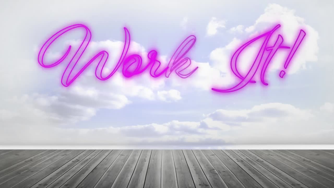 구름이 많은 하늘에 분홍색 네온으로 그래픽을 작업