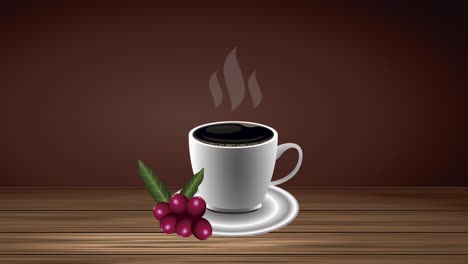 animación de bebida de café con granos y hojas en taza