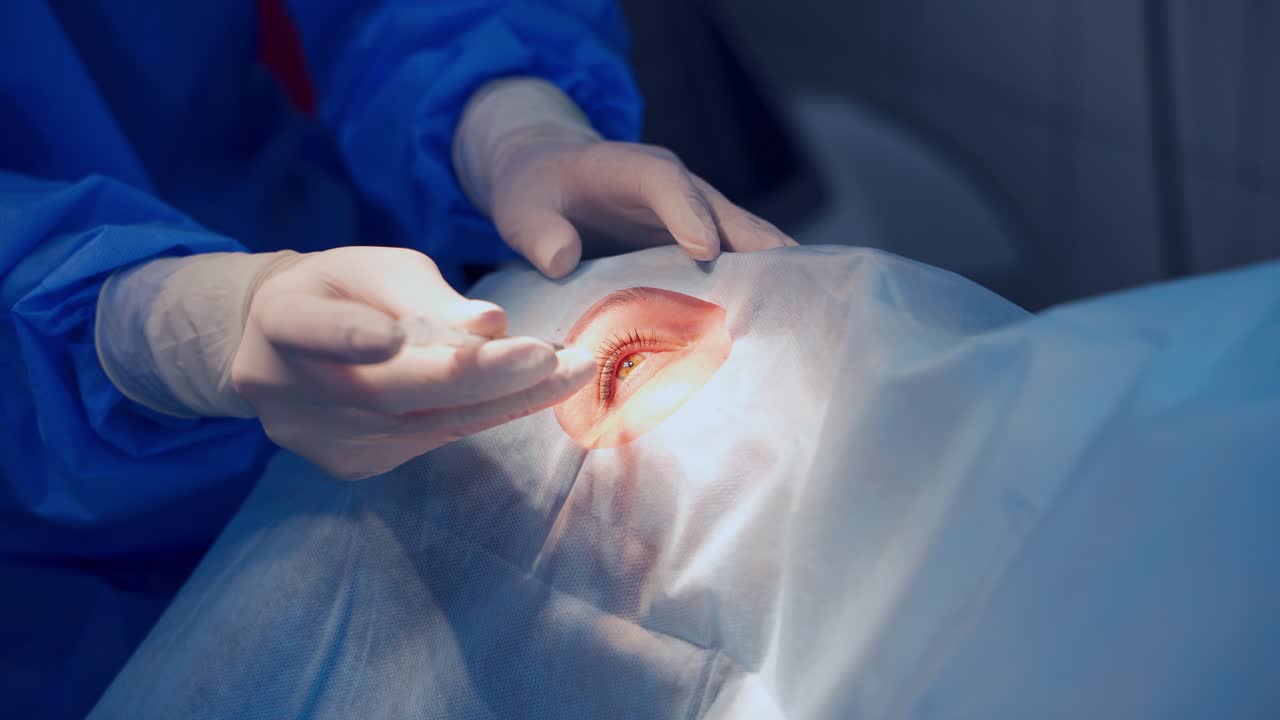 Patient under sterile cover. Close up detail of a surgery of the eye