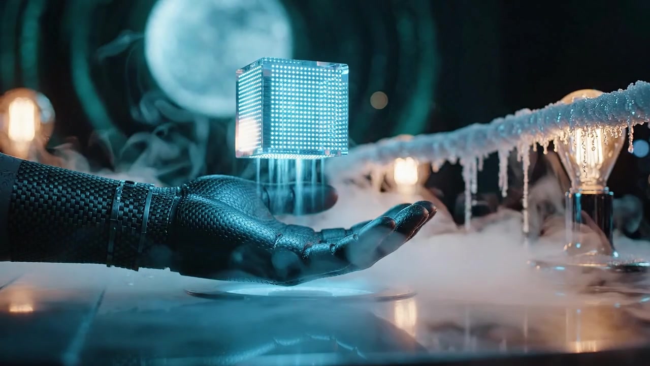 A Glowing Cube Suspended Above a Gloved Hand Amidst Fog and Ambient Light, Capturing a Moment of Mystique and Technology Under the Moonlit Atmosphere