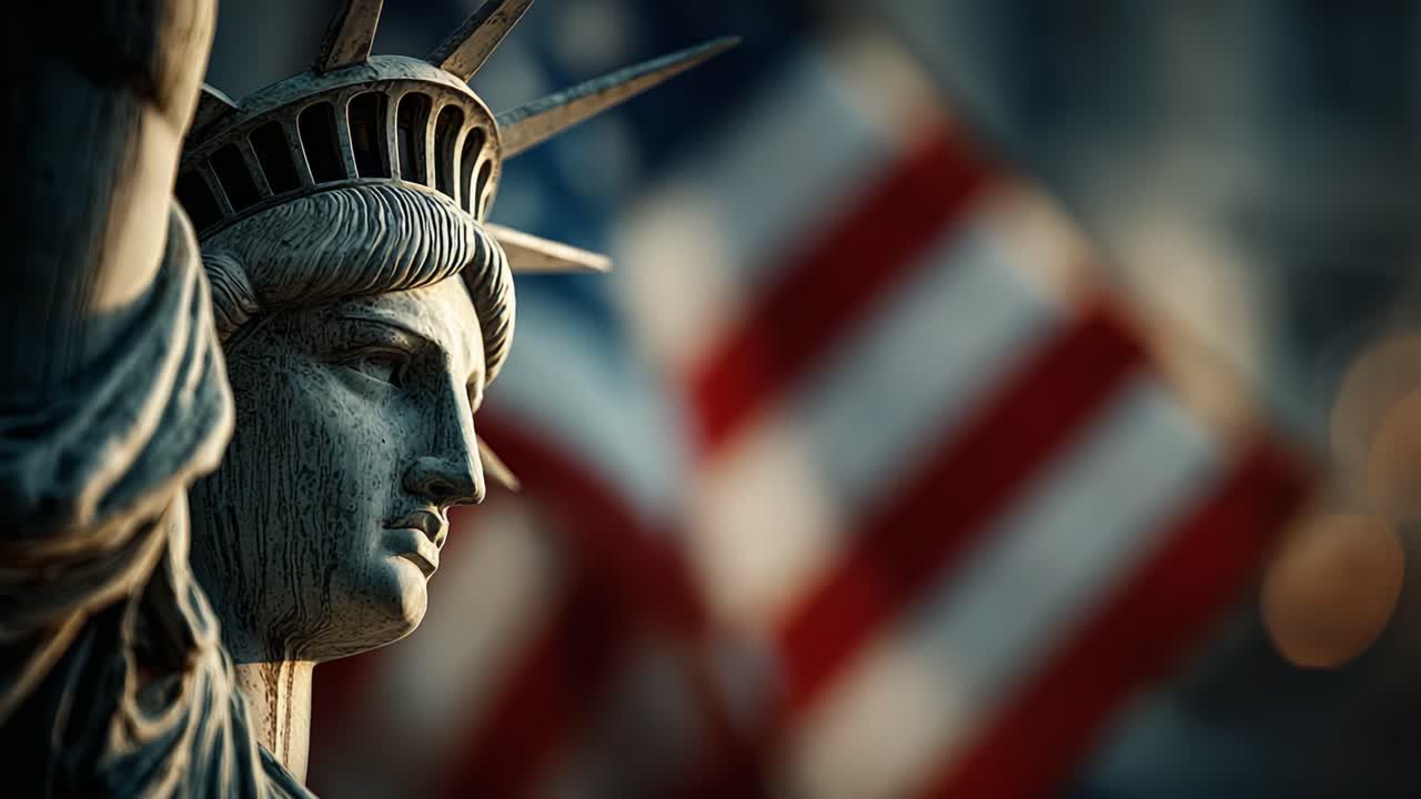 A Close-Up View of a Monumental Symbol of Freedom and Democracy with an American Flag in the Background, Highlighting the Iconic Features of Liberty and Patriotism
