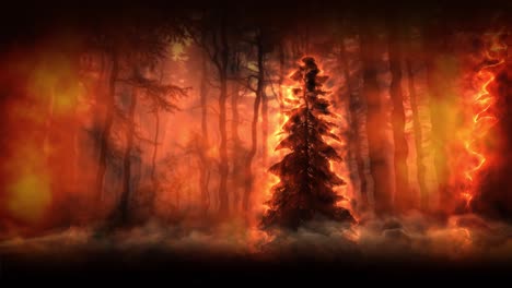 inferno in the forest: trees consumed by flames and shrouded in thick, rolling smoke