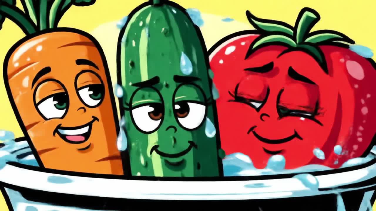Animated Characters Representing a Fun Vegetable Trio in a Bowl, Featuring a Carrot, Cucumber, and Tomato with Expressive Facial Features Against a Vibrant Background