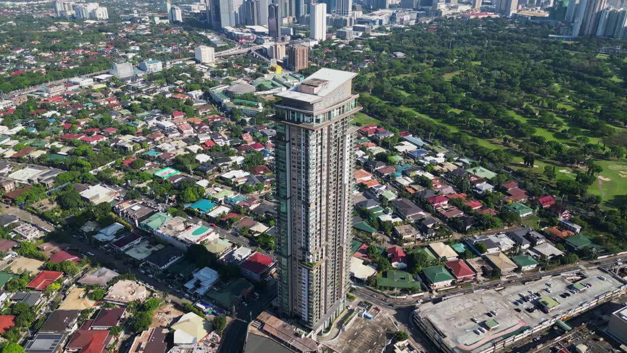 Suburban Neighbourhood Reveals High Rise Building Of Viridian In Greenhills Center, San Juan City, Philippines. Tilt-up Shot