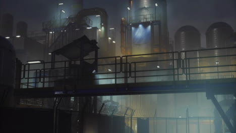 industrial complex illuminated by fog at night in a secluded area