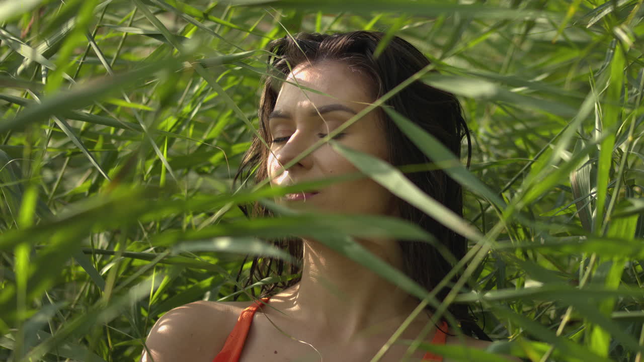 A young woman stands in a bulrush being gently moved by the wind. Natural surroundings outside. The woman's face is lit by the sun's rays in the tall grass. Slowmotion movie