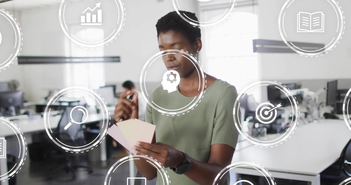 Woman holding cards starting review in office, flipping notes while UI icons overlaying