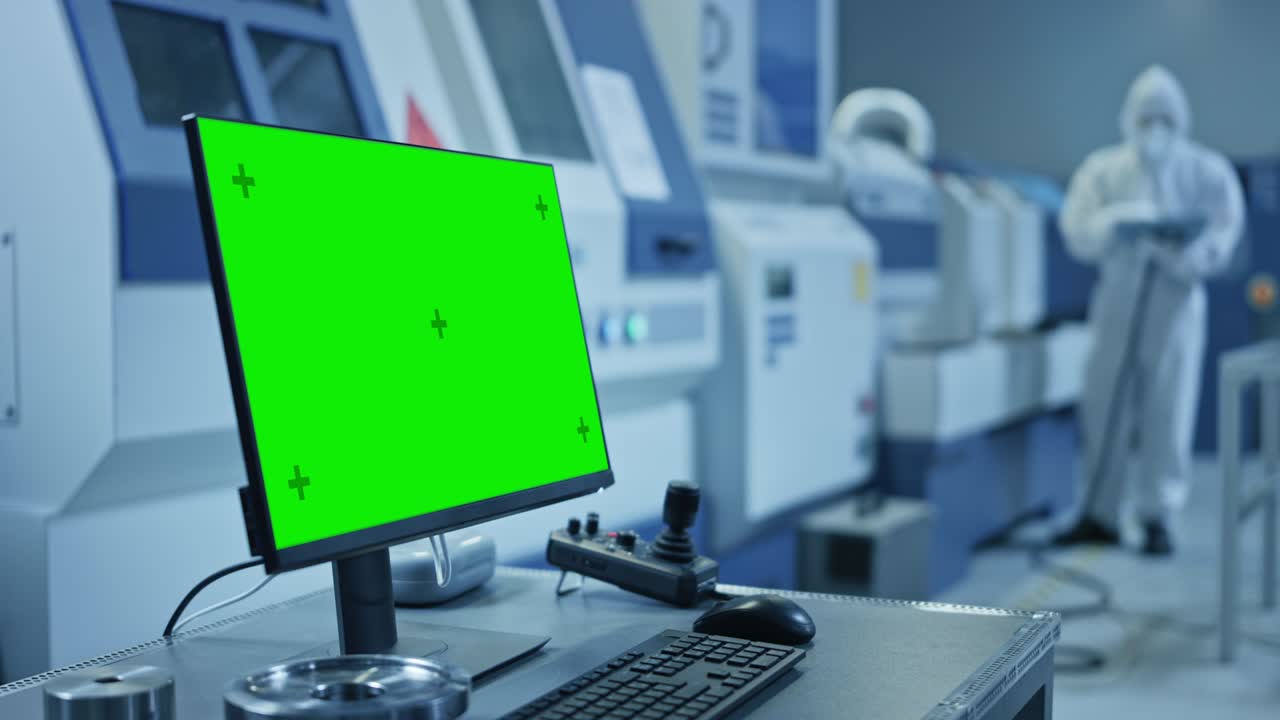sala limpia de fábrica: en el escritorio computadora personal que muestra pantalla verde pantalla clave de croma. en el fondo maquinaria cnc, los profesionales usan brazo robot en la línea de producción. zoom en la toma