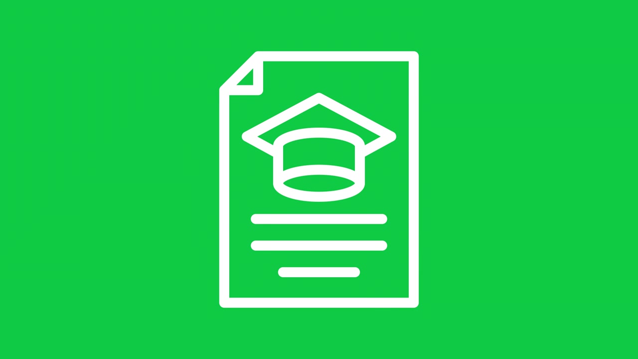 Icona animata di tocco di laurea su documento su sfondo verde