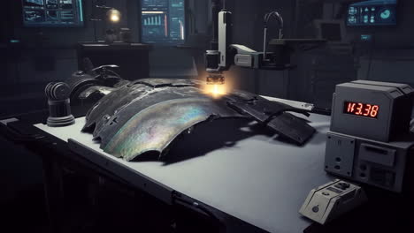 robotic arm working on advanced metal component in a futuristic laboratory