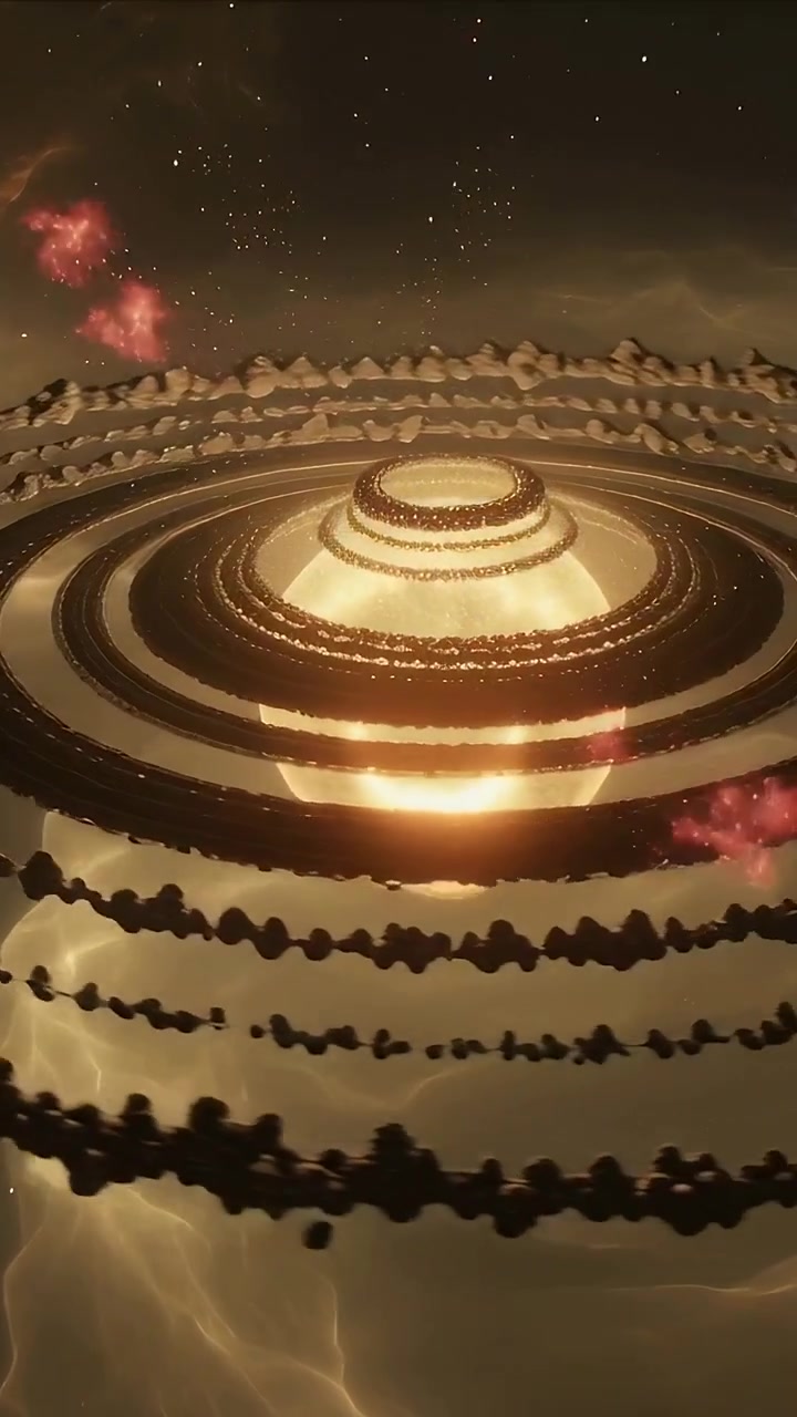 Vertical video: Erupting core sending sparks and rings rippling, rotating in space with pink plumes