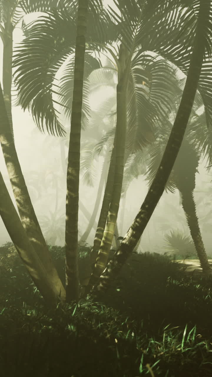 Lush tropical forest with mist and palm trees in early morning light