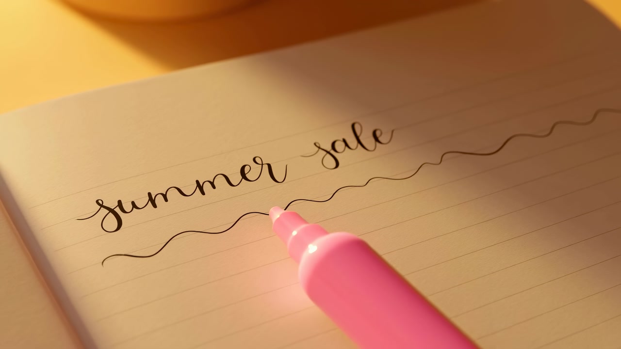 Pink marker tip touches lined notebook page beside fresh wavy underline beneath hand lettered summer sale, with warm golden light, soft shadows, and clean diagonal composition for creative retail
