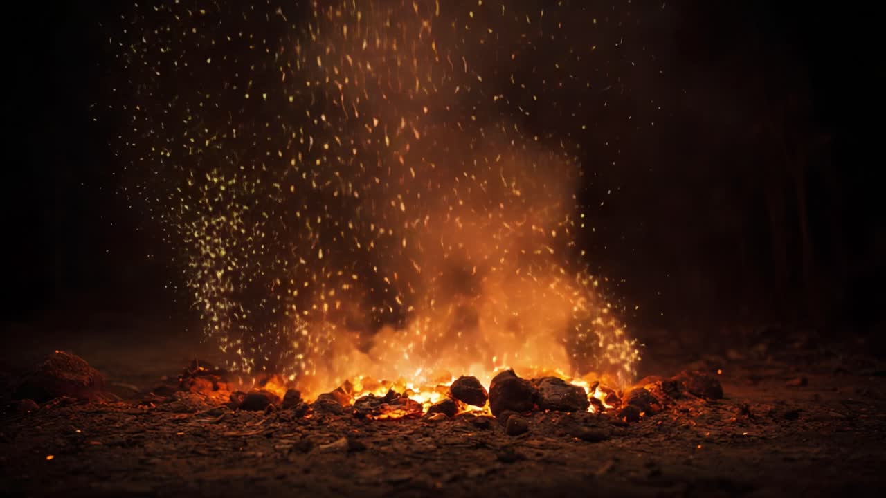 A mesmerizing spectacle of fire illuminated by glowing embers and dynamic sparks, radiating warmth and energy in a darkened setting, creating a captivating visual experience