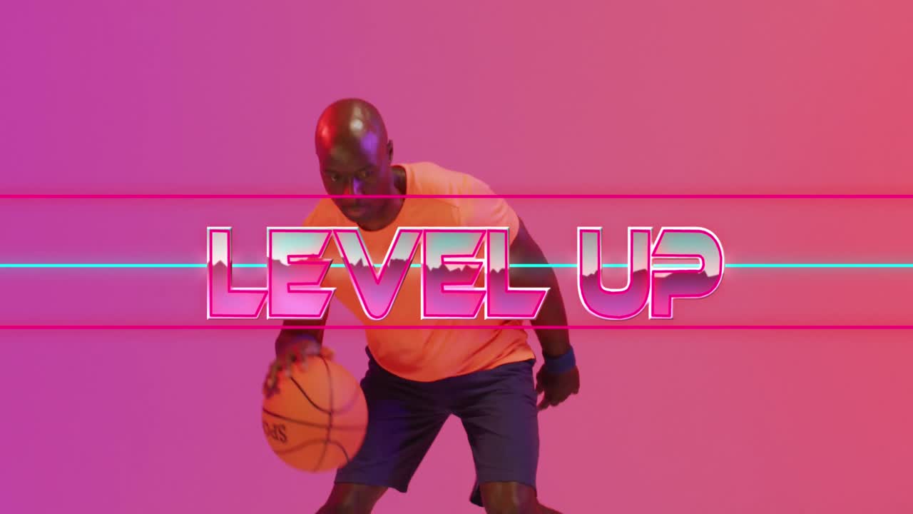 Animation of level up text and neon lines over basketball player on neon background