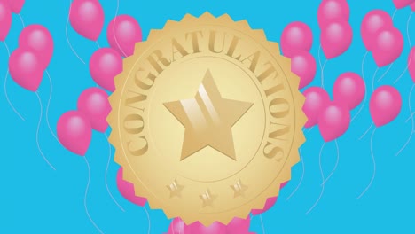 animation of gold medal with star and congratulations over blue background with flying pink balloons