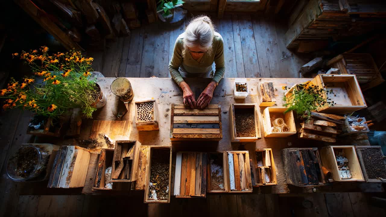 An Elderly Woman Engaged in Crafting Among Nature-Inspired Materials, Surrounded by Wooden Boxes Full of Seeds, Herbs, and Floral Arrangements in a Cozy Workshop Space
