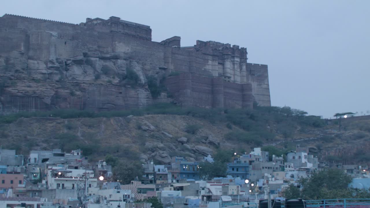 Jodhpur Mehrangarh Fort seen from a rooftop, in the late afteroon
