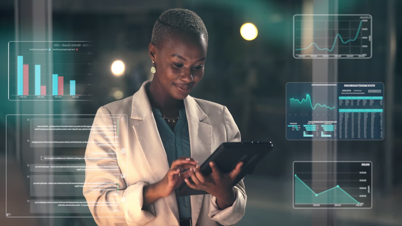 Professional Woman Analyzing Business Data with Augmented Reality Tablet