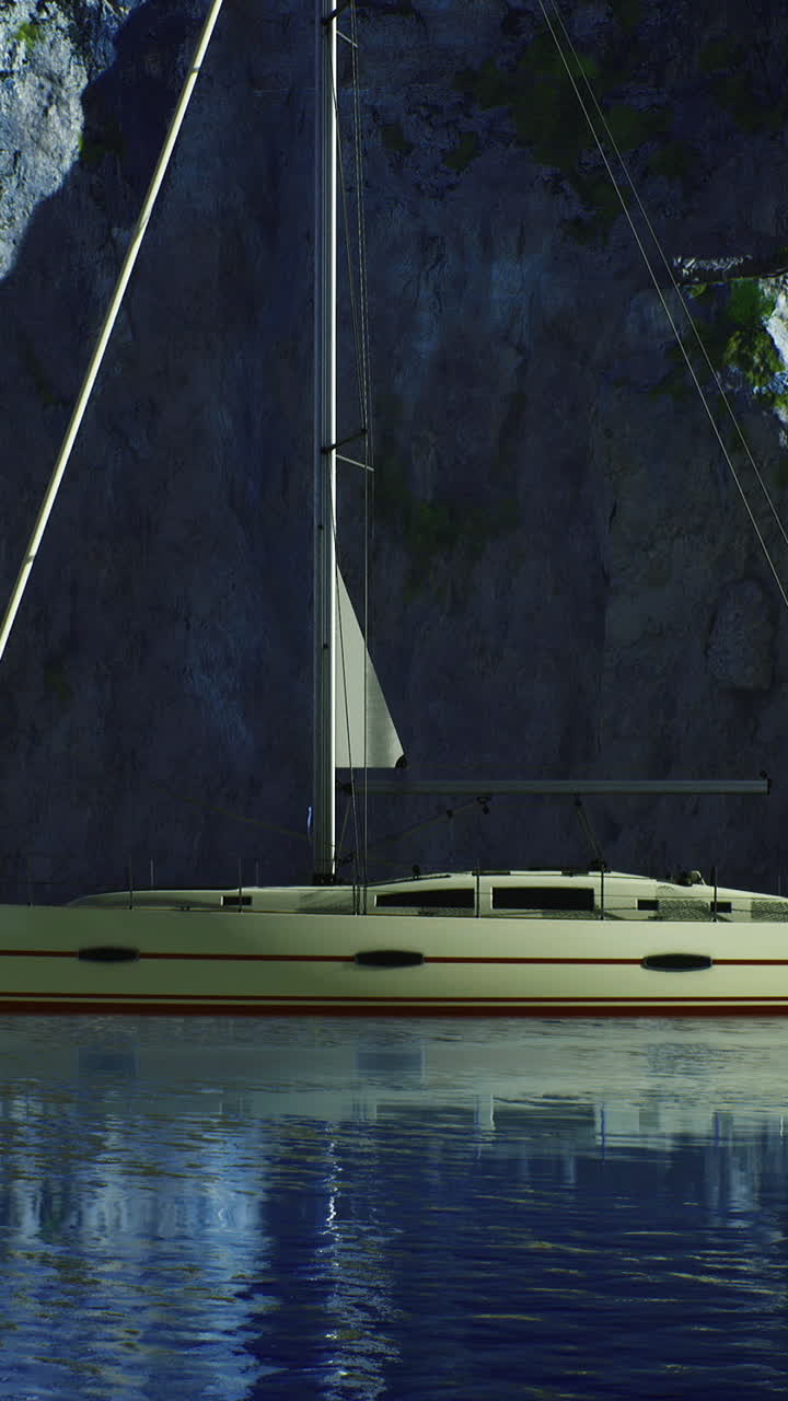 Sailing boat anchored in tranquil waters surrounded by rocky cliffs