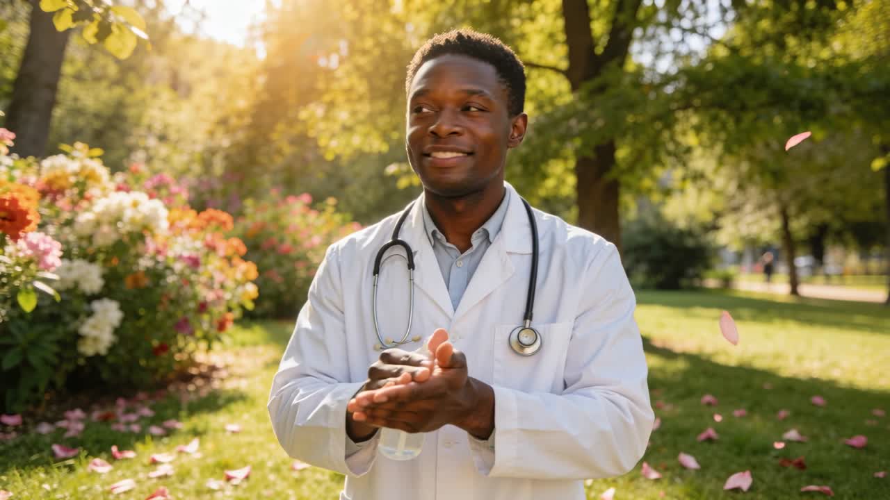 Médecin appuyant sur une pompe, distribuant du désinfectant dans la paume, frottant pour l'hygiène au milieu de pétales éclairés par le soleil.