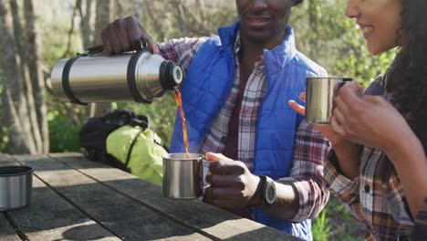 Smiling-diverse-couple-drinking-tea-and-hiking-in-countryside