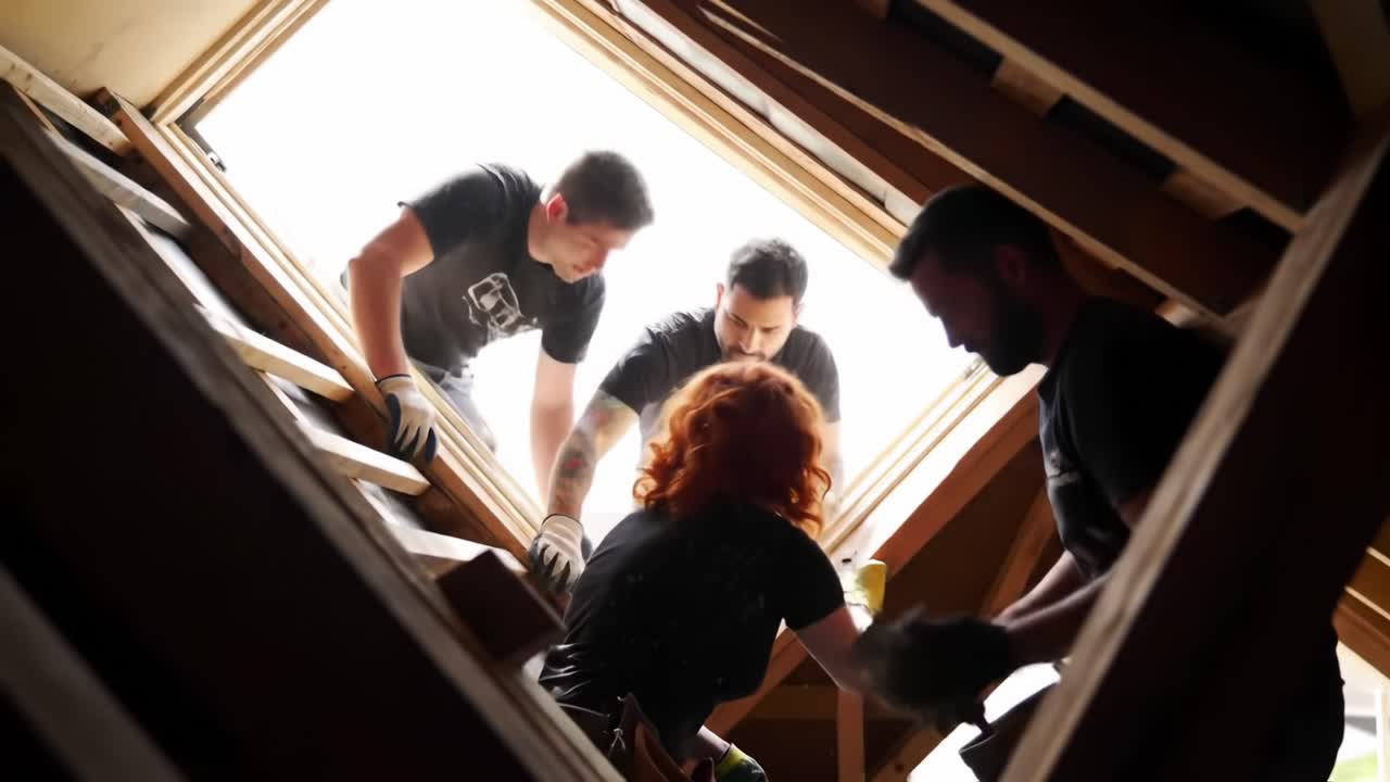In a bright attic, a construction worker oversees renovations while a colleague handles materials. Dust fills the air as they focus on improving the space, showcasing teamwork and craftsmanship.