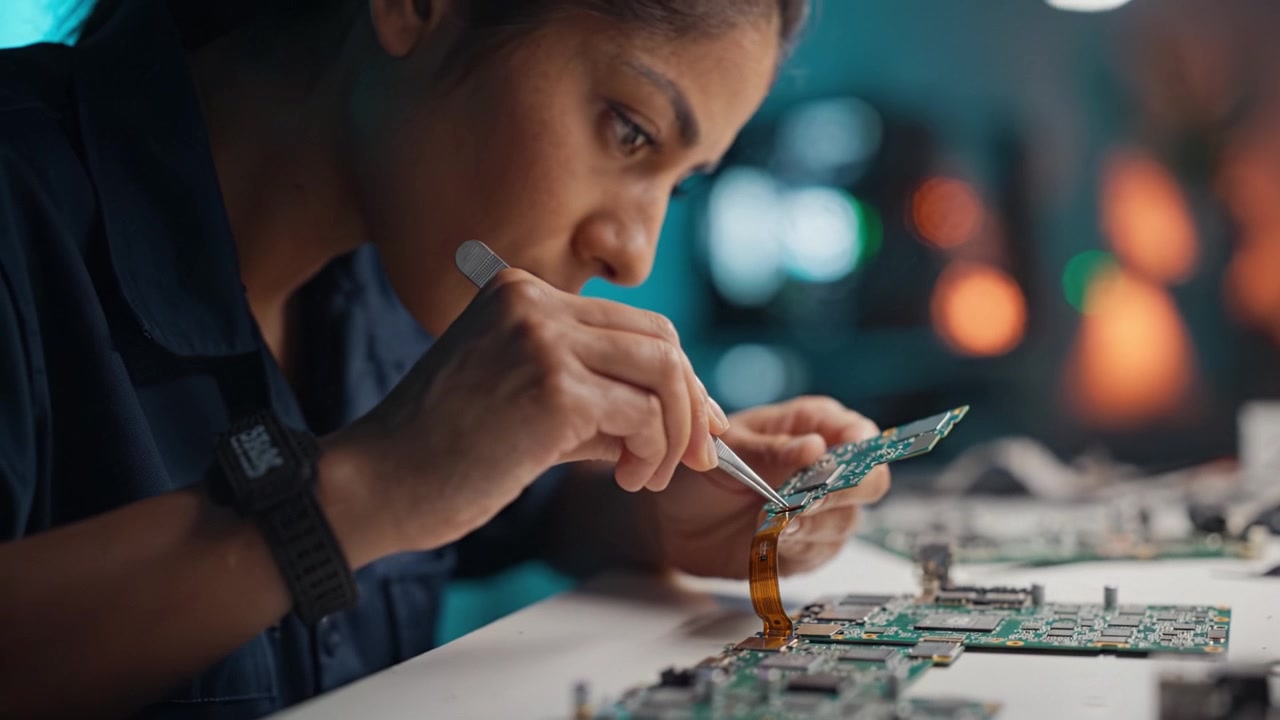 A focused technician skillfully assembles intricate electronic components on circuit boards, showcasing precision in advanced technology and circuit design.