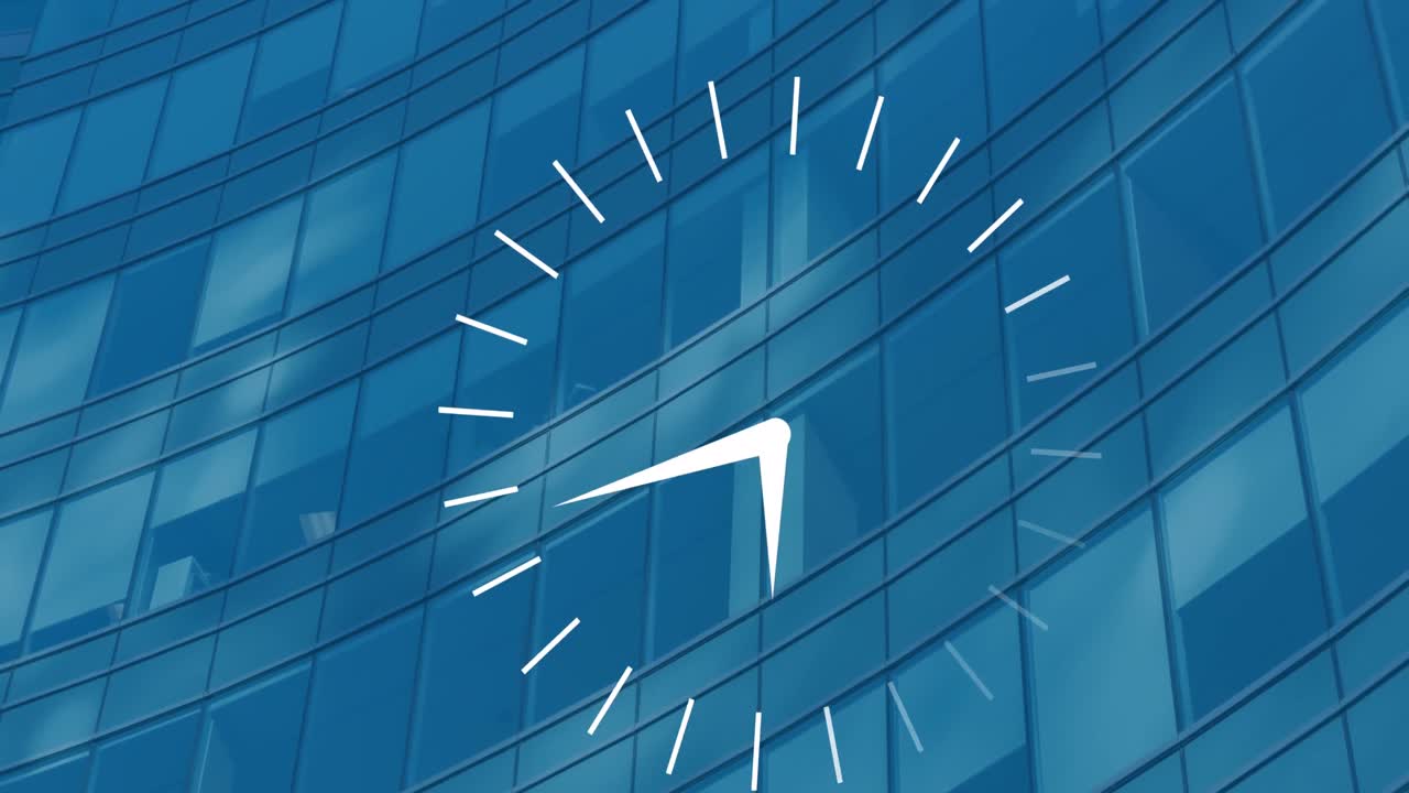 Animation of ticking clock icon against view of tall building