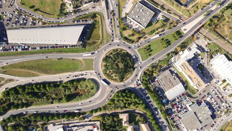 overhead shot of montpellier traffic circle with lush greenery.