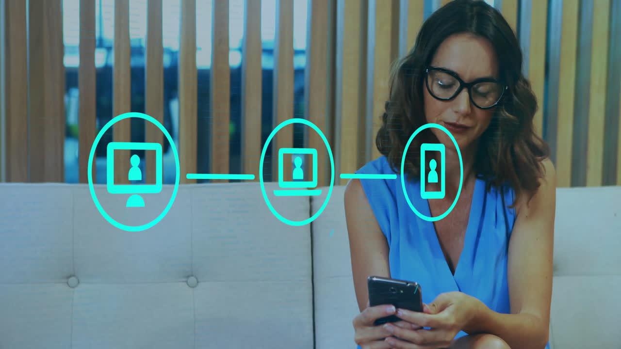 animación de una red de conexiones con iconos sobre una mujer biracial usando un teléfono inteligente