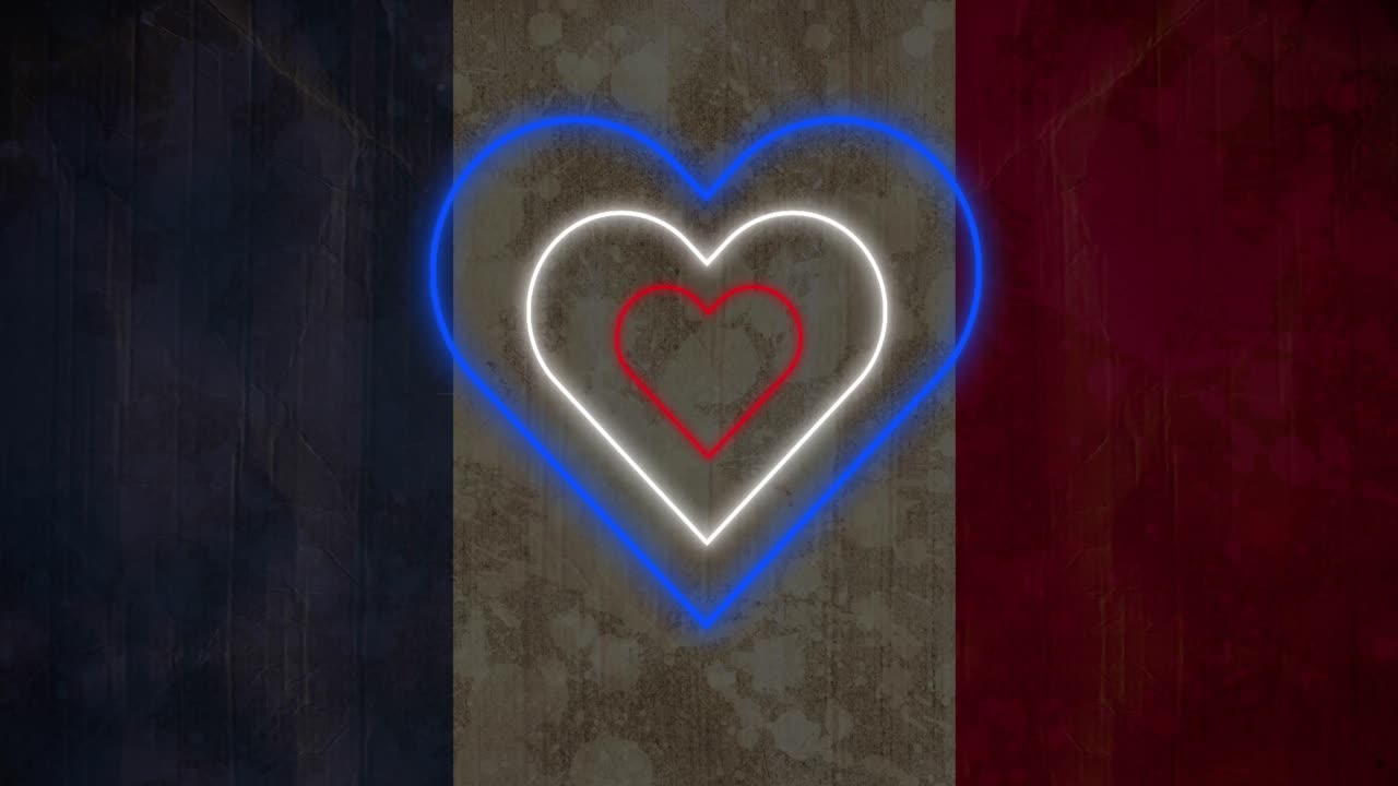 Animação de corações concêntricos neon vermelho, branco e azul piscando em um fundo com a bandeira francesa.