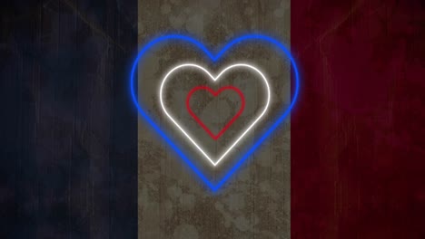 animation of red white and blue concentric neon hearts flashing on french flag background