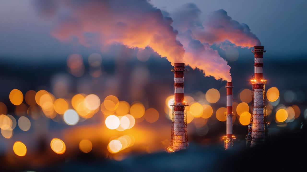 Una vista mozzafiato di ciminiere industriali che emettono fumo denso al crepuscolo, circondate da un effetto bokeh di luci della città che creano un'atmosfera urbana ipnotica.